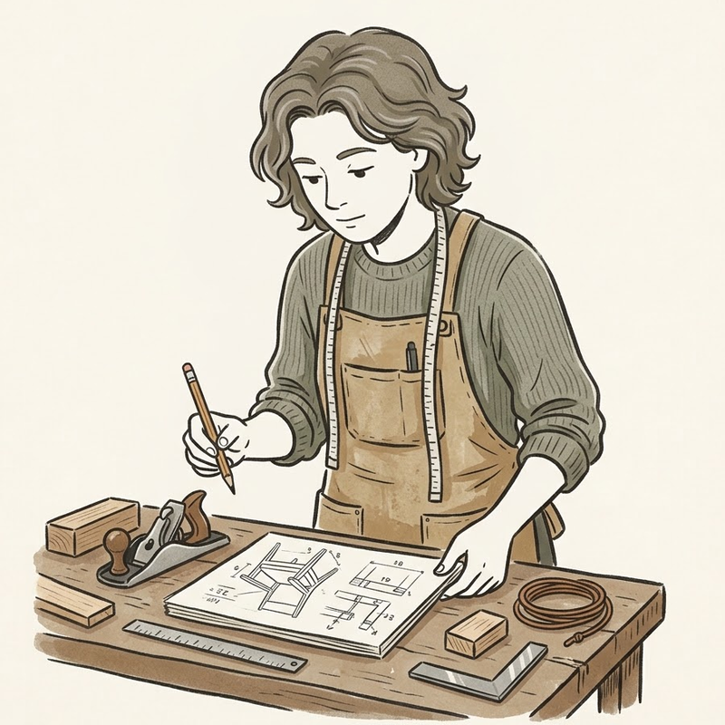 Tekening van een vakmens met schort en meetlint aan een werkbank